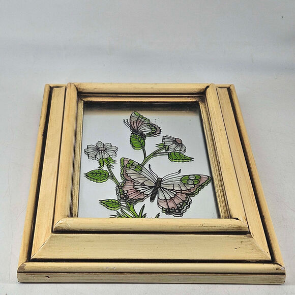 Joan Baker Designs butterfly flower Hand Painted Stained glass mirror Framed - Picture 2 of 3